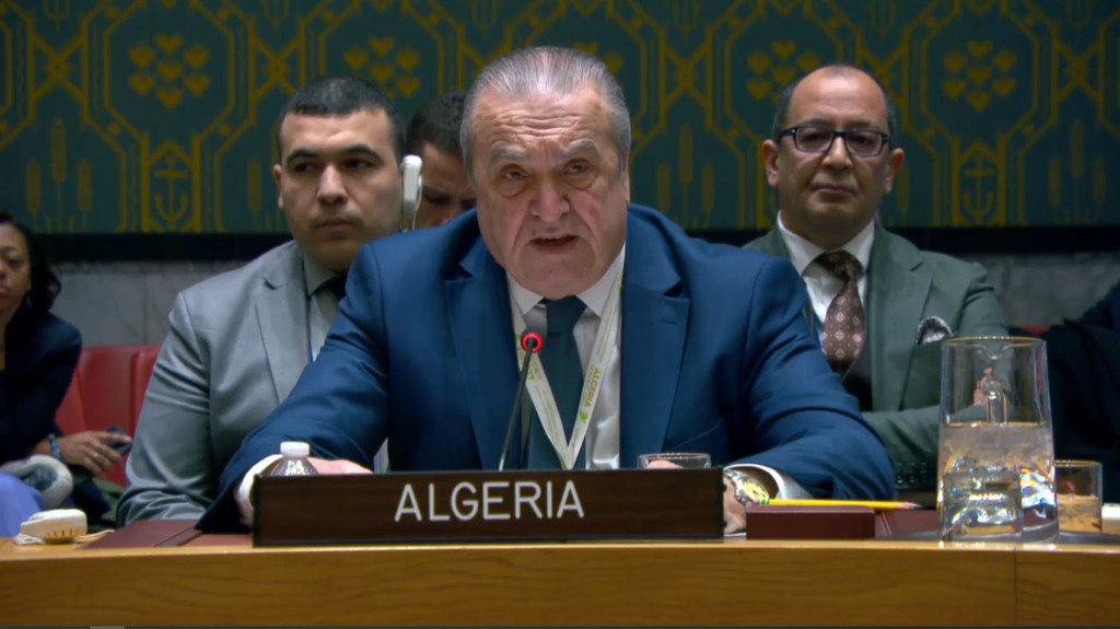Ambassador Amar Bendjama of Algeria addresses the Security Council meeting on the situation in the Middle East, including the Palestinian question.